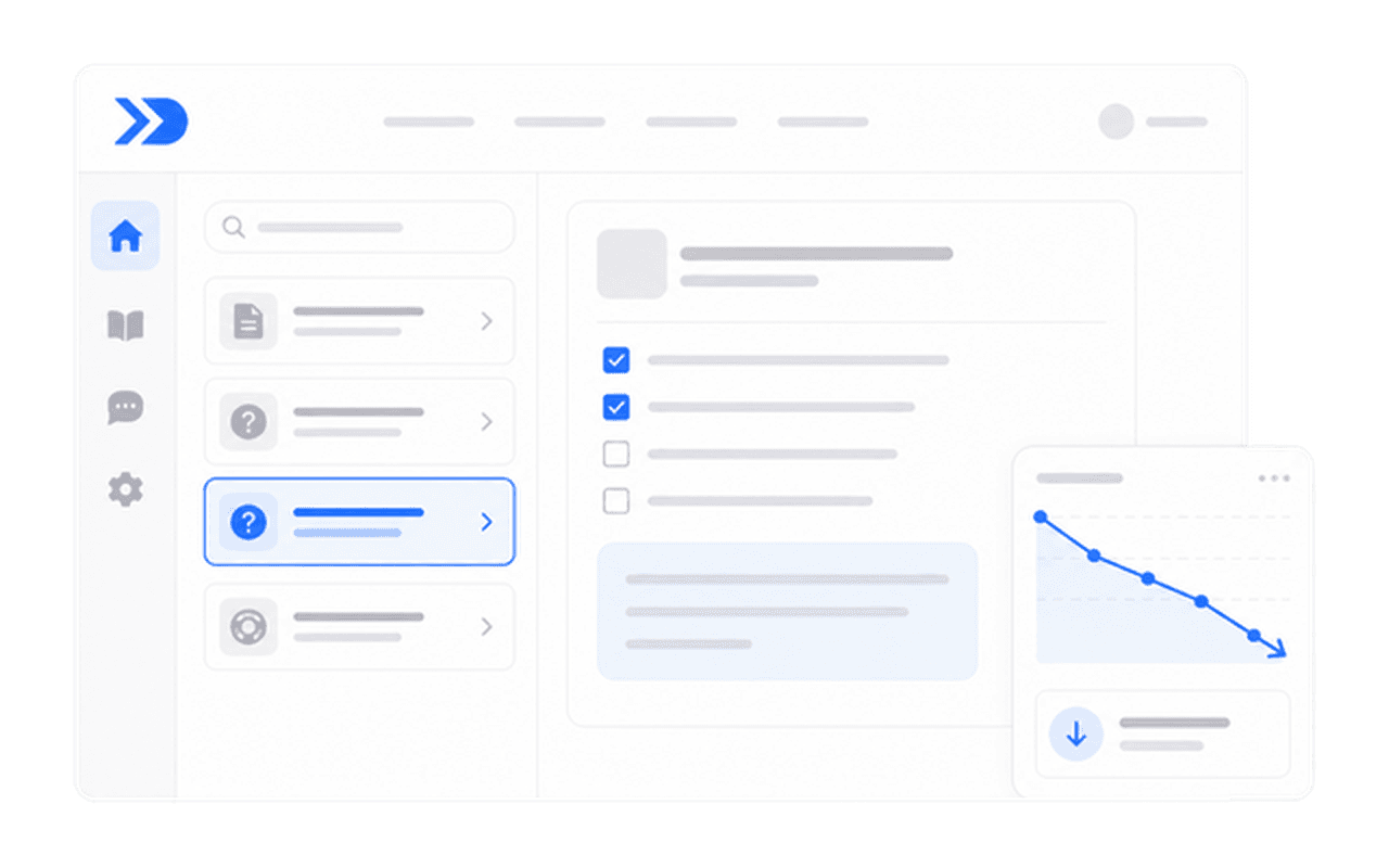 CODEX TO GENERATE: Help center with interactive troubleshooting guides replacing static docs, showing a guide being followed with a declining support ticket graph