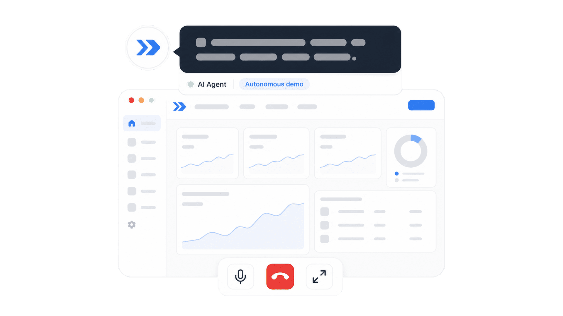 Autonomous agent demo interface with chat, product preview, and call controls
