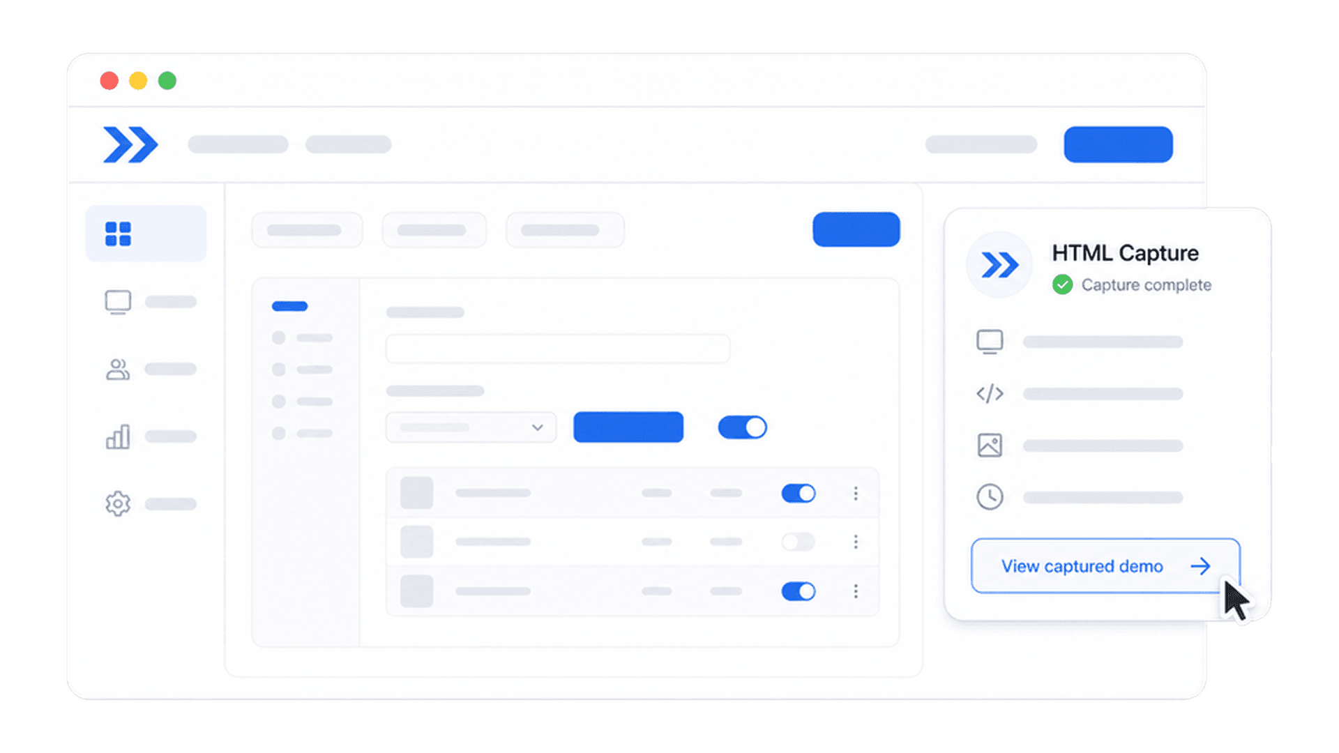 HTML demo capture interface with working product controls and capture status